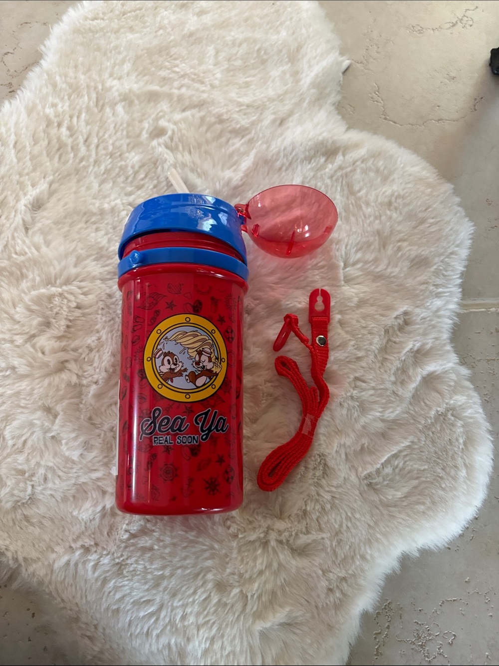 Disney Red Kids Water Bottle with Blue Lid and Straw